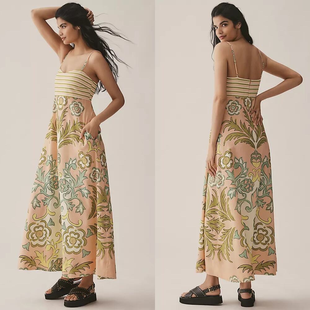 NWT La Maise‎ Studio Lucia Linen Maxi Dress in Pink Placement Size Large - Picture 2 of 9